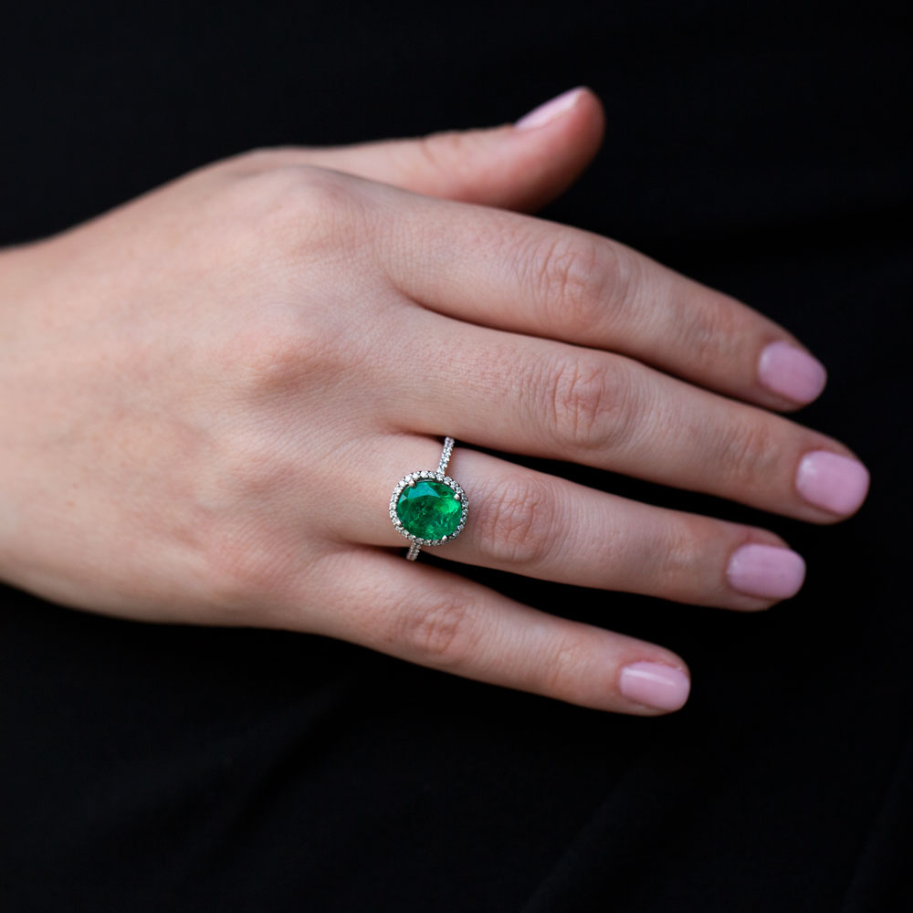 Isadora: Green Oval Emerald Halo Engagement Ring