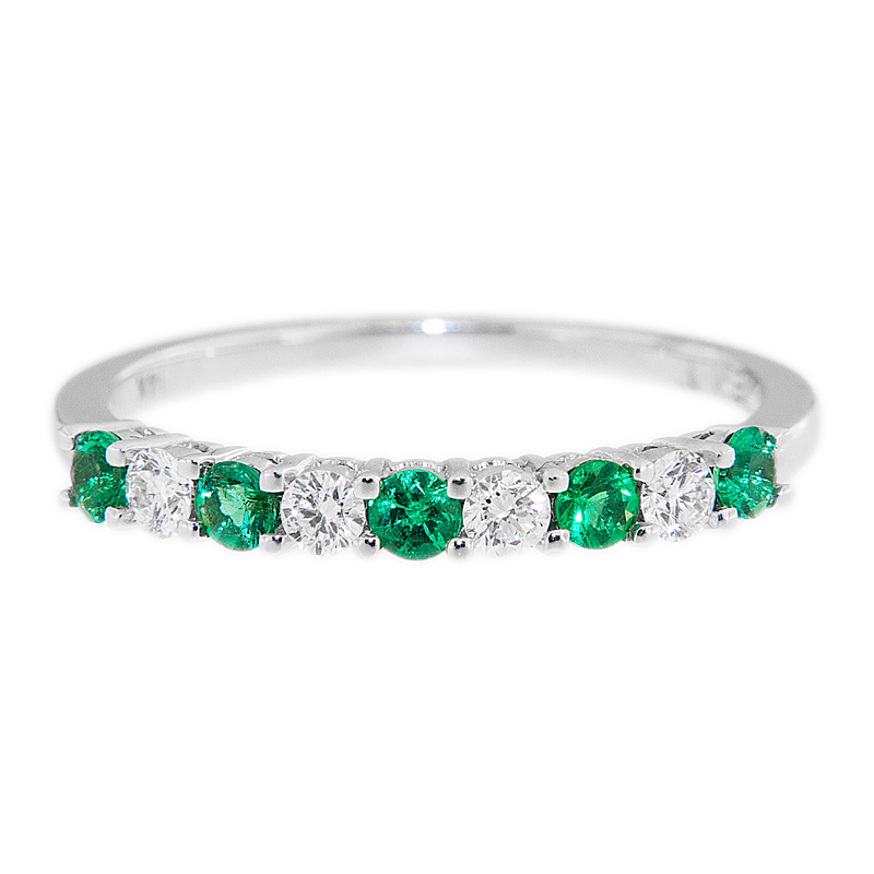 9 Stone Emerald and Diamond Wedding Ring in 14KT White Gold
