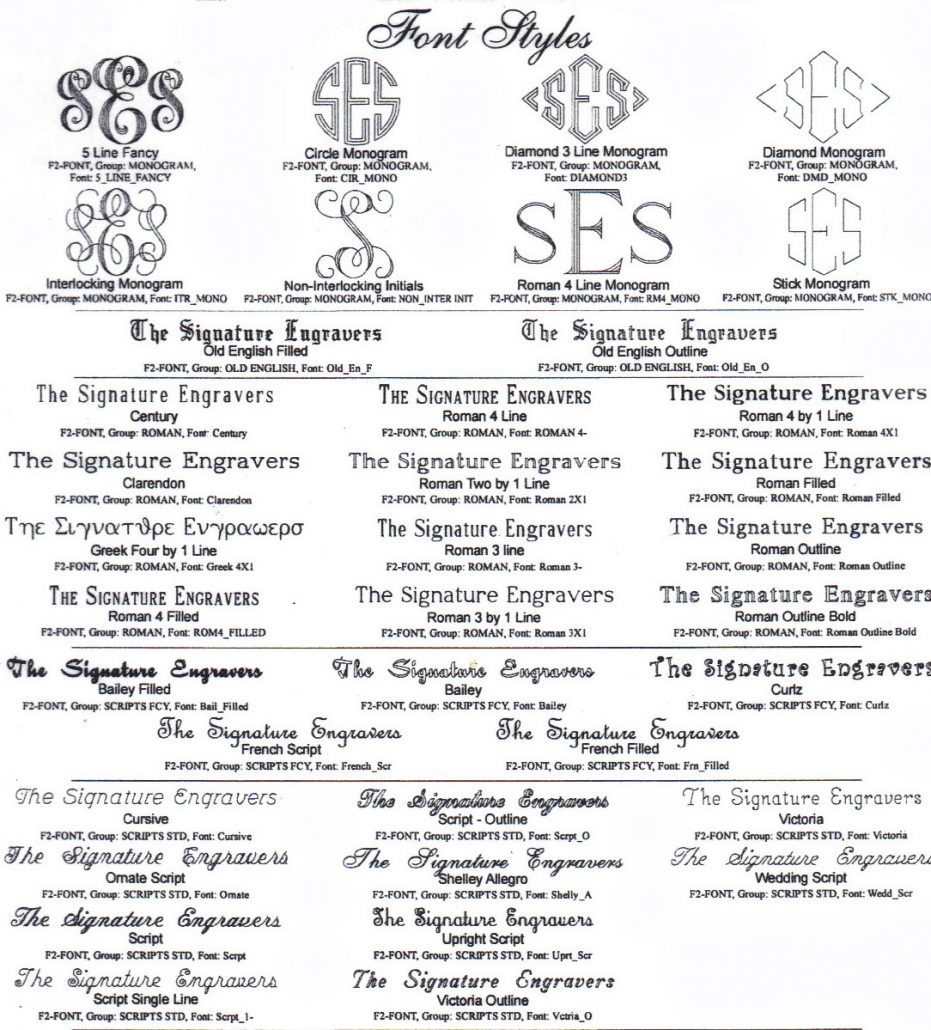Photo of various font styles for engraving services.