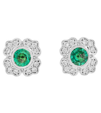 Large Round Emerald Vintage Earrings in White Gold