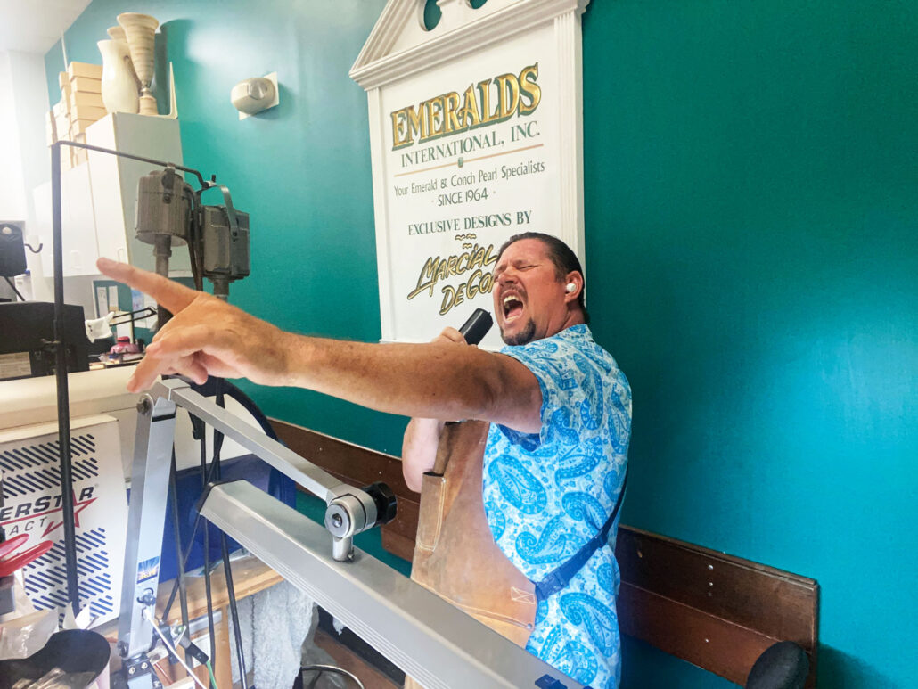 Carl Jamming on his jewelers bench.