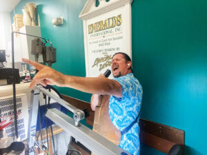 Carl Jamming on his jewelers bench.