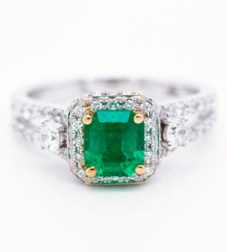 Two-Tone Emerald & Diamonds Ring front view.