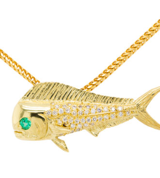 18K Green Gold Emerald Mahi Pendant on a yellow gold chain front view.