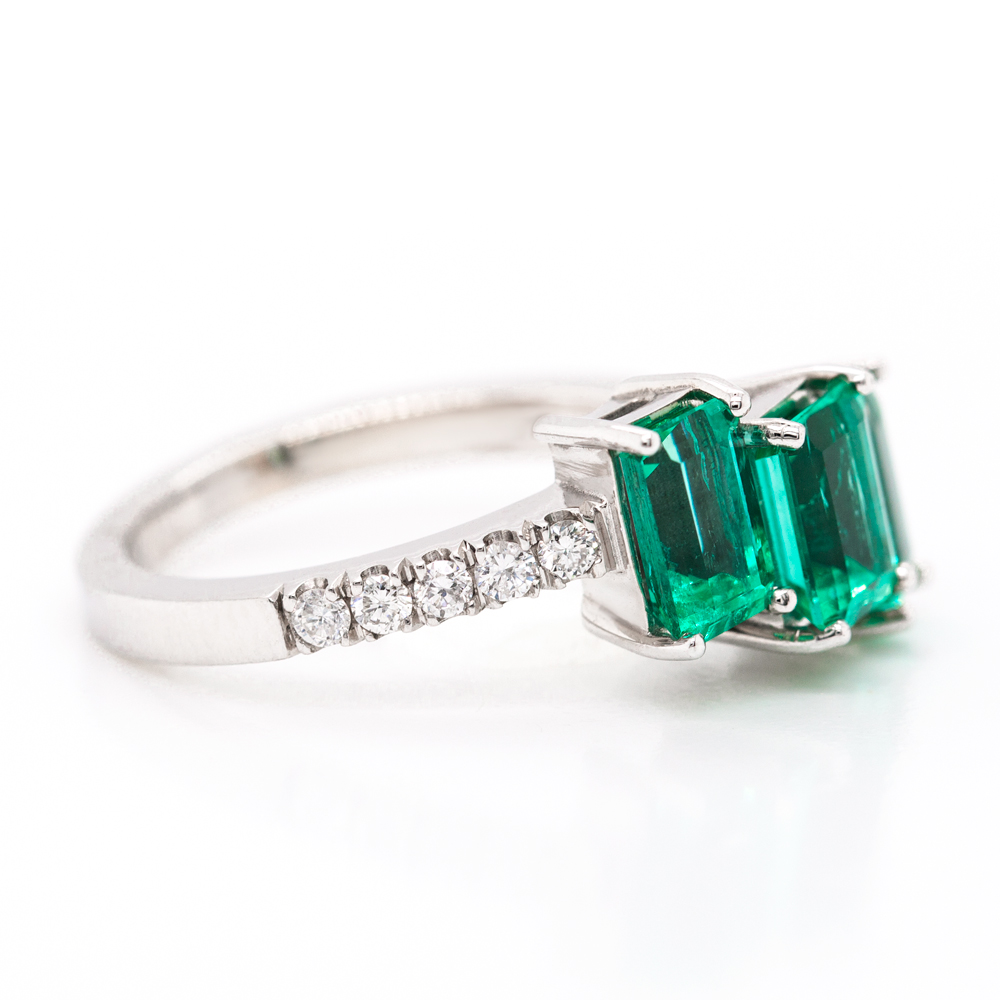 Three Stone Emerald Cut Emerald Ring - Emeralds International LLC.