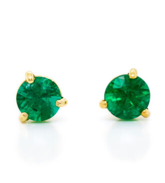 5mm Round Emerald Studs in Yellow Gold front view.