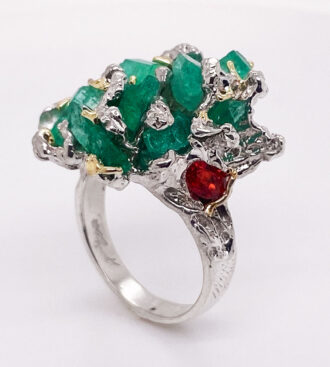 Rough Emerald & Orange Sapphire Seafan Ring front view.