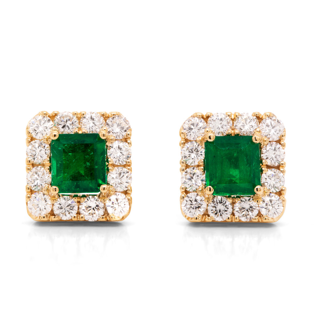 Emerald Cut Emerald & Diamond Halo Stud Earrings - Emeralds ...