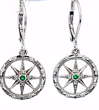 Compass Rose Earrings in White Gold