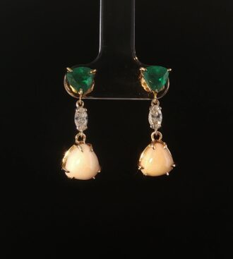 Trillion emerald, diamond & conch pearl dangle earrings